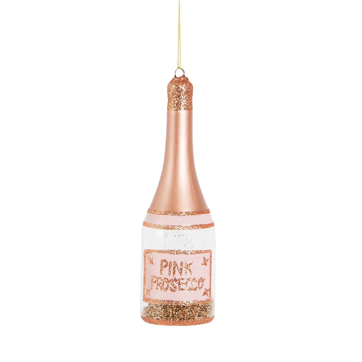 Lets Celebrate glass and pink glittery prosecco bottle decoration for your Christmas tree.