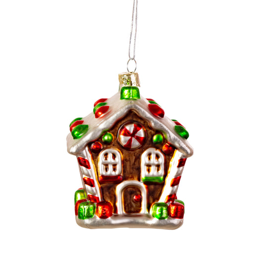 Traditional Gingerbread house designed Christmas bauble almost looks edible - shaped like a Gingerbread house and decorated with candy canes and festive touches of white, red and green.