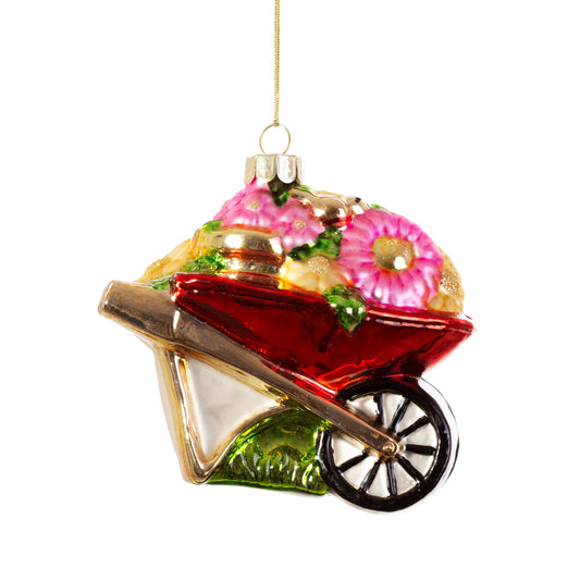Bring the outside in with this quirky, cute wheelbarrow glass Christmas decoration! Perfect gift for your green fingered friends!