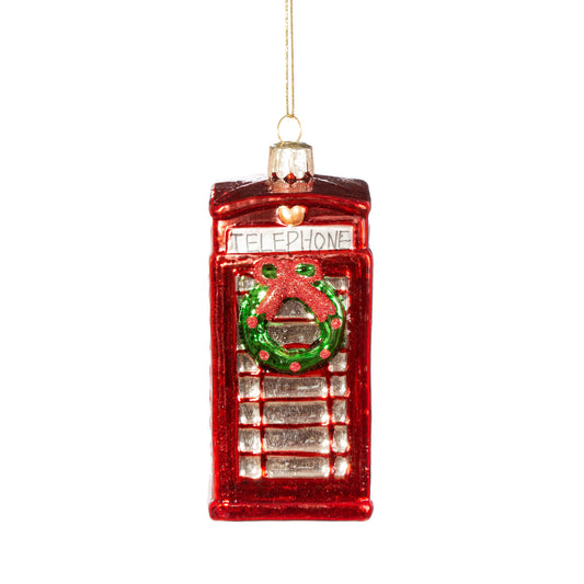 Reminisce of those times gone by with this traditional red phone box with a Christmas wreath glass Christmas tree hanging decoration.