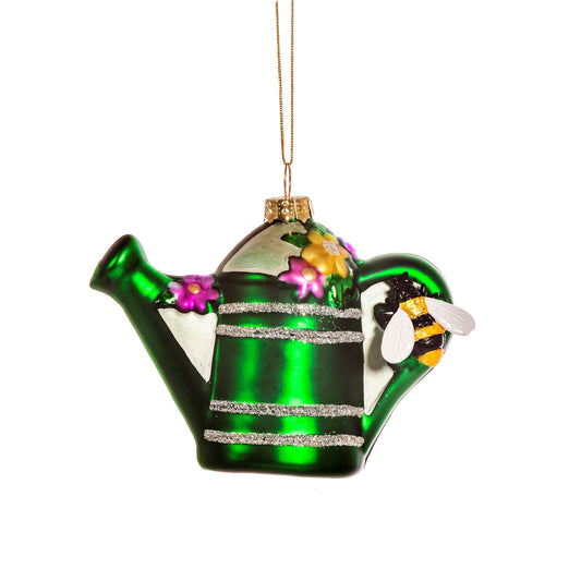 Green Watering Can with Flowers & Bee Glass Christmas Tree Decoration