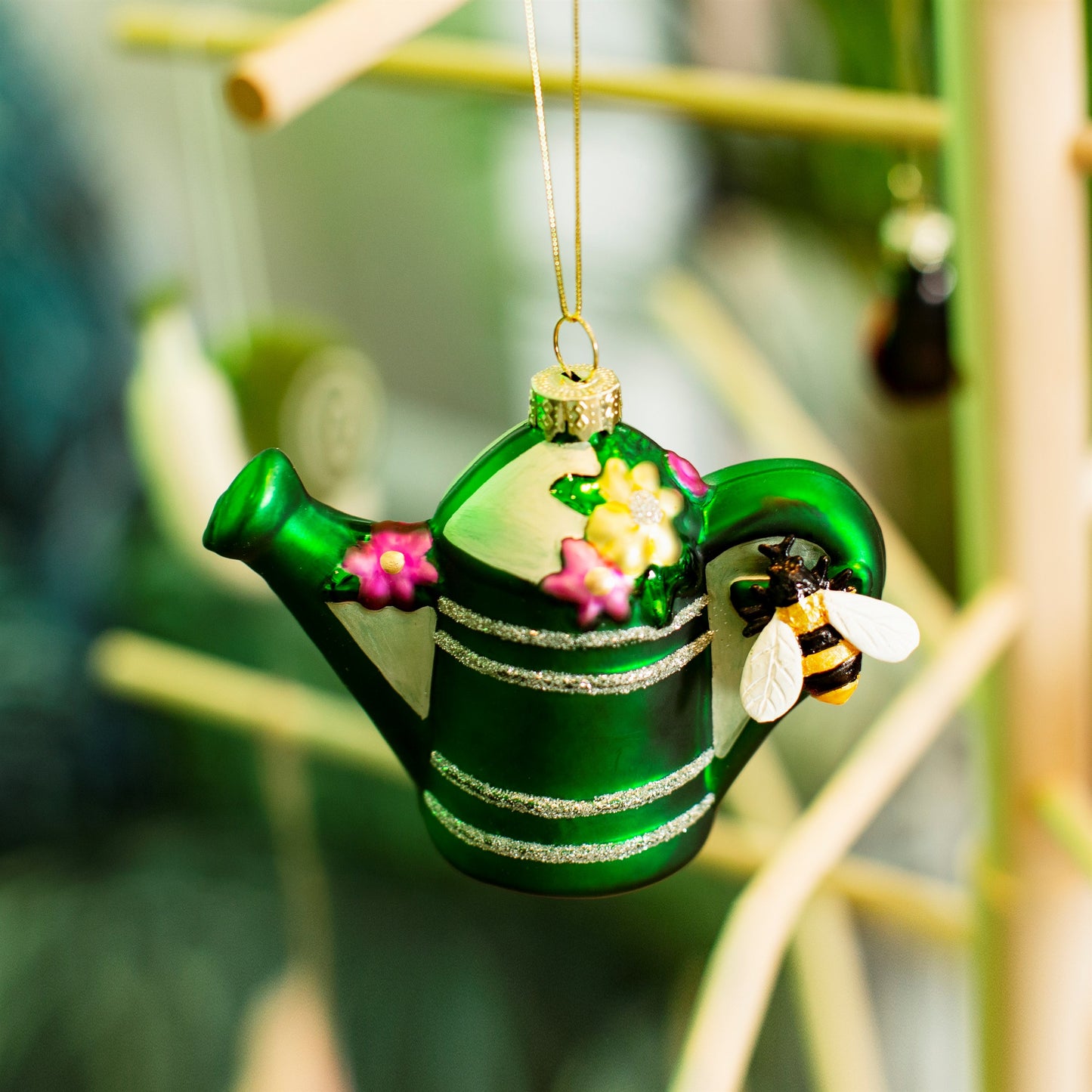 Green Watering Can with Flowers & Bee Glass Christmas Tree Decoration