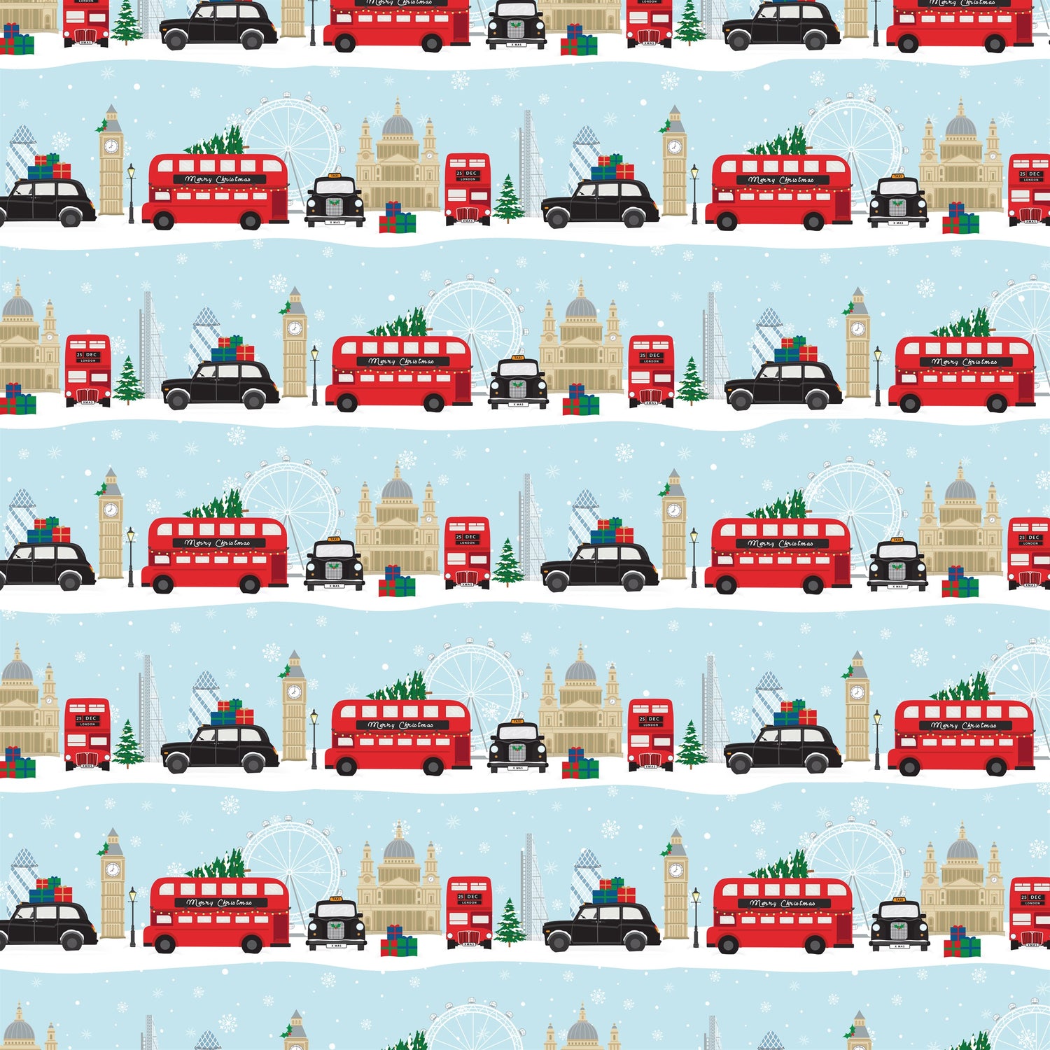 Gorgeous Christmas wrapping paper featuring a wintery London city scene.