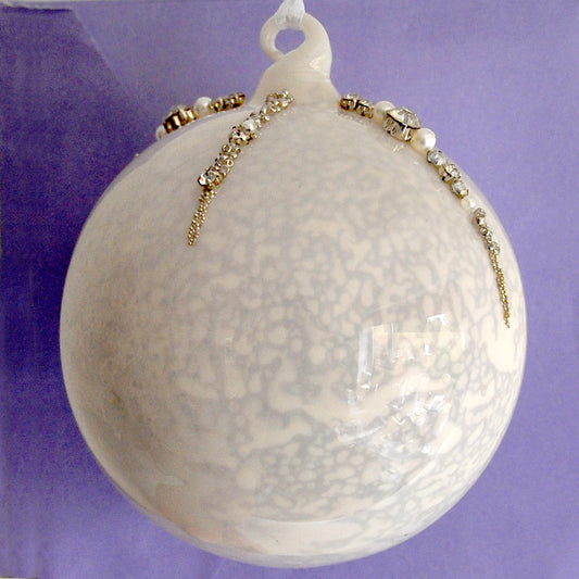 White marble shiny glass hanging Christmas decoration with beads, pearls and diamonte detailing.
