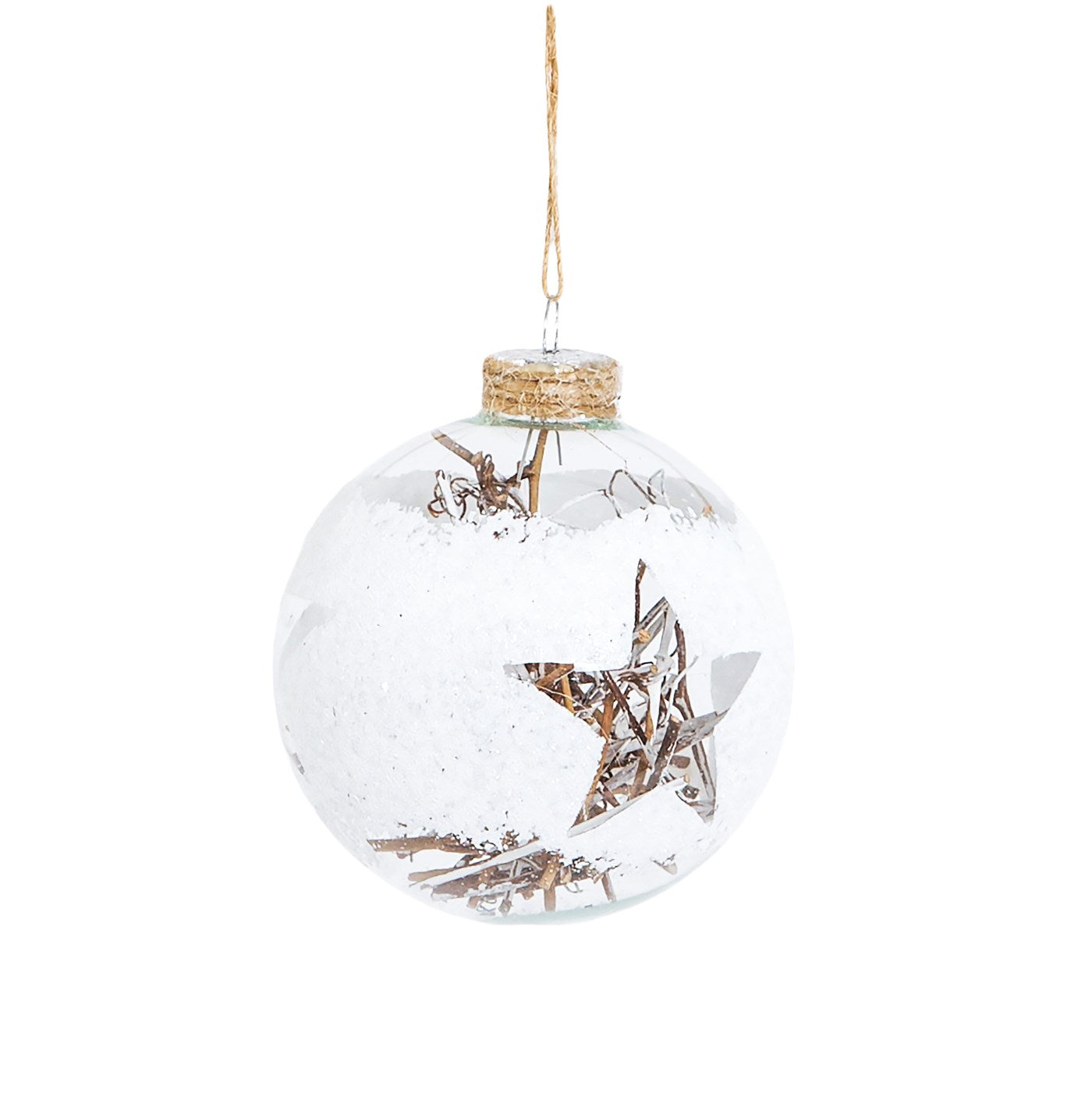 Lovely cut out star in a glass bauble filled with pieces of wood and hung with rustic string.