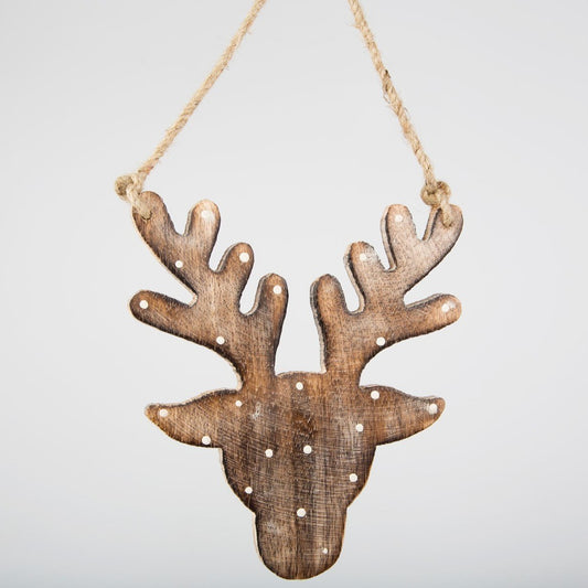Festive wooden hanging deer head decoration for decorating the house or the Christmas tree