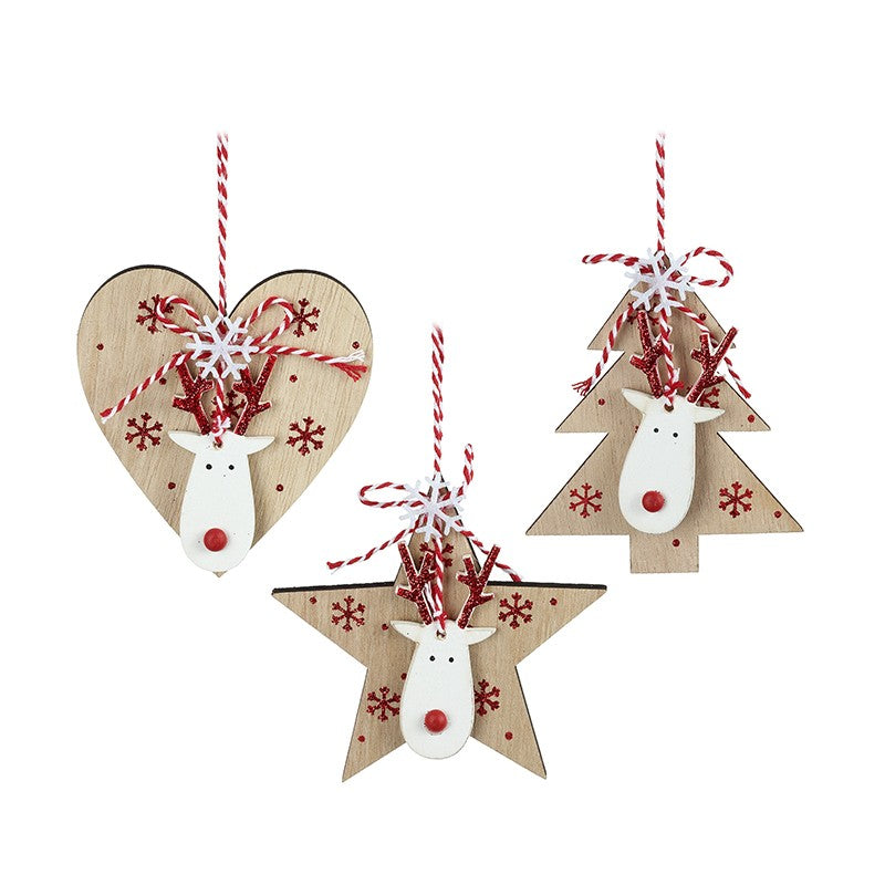 A set of 6 red and white wooden Christmas tree decorations in the shape of a star, heart and Christmas tree: featuring reindeer heads with red noses and snowflakes - perfect for creating a fun, festive theme.