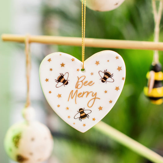 Bee Merry Heart Shaped Ceramic Christmas Tree Decoration