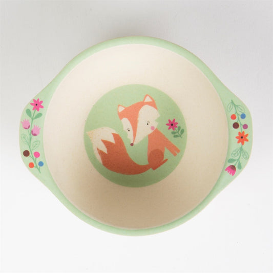 Gorgeous bamboo bowl featuring a fun floral design featuring a cute fox.