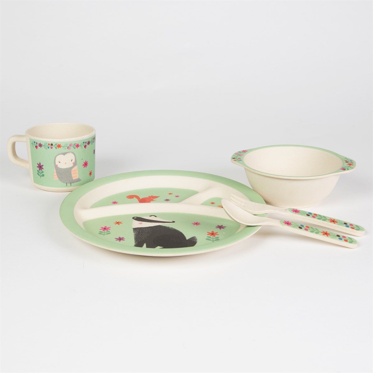 Gorgeous bamboo cutlery set (fork and spoon) featuring a fun floral design.