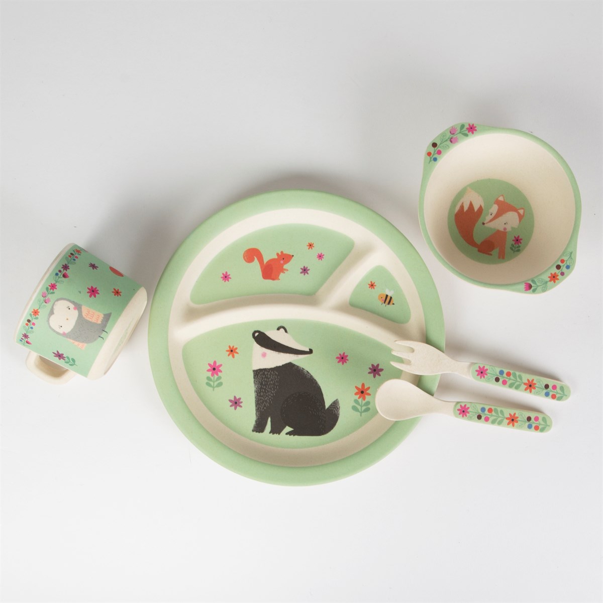 Gorgeous bamboo cutlery set (fork and spoon) featuring a fun floral design.