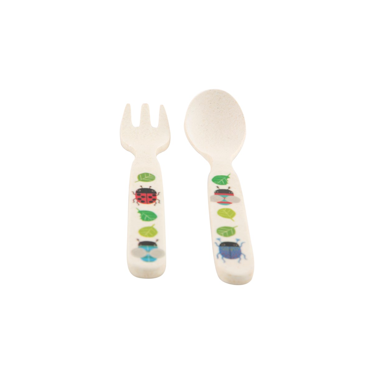 Explore nature with this gorgeous bamboo cutlery set (fork and spoon) featuring a fun 'busy bugs' design.