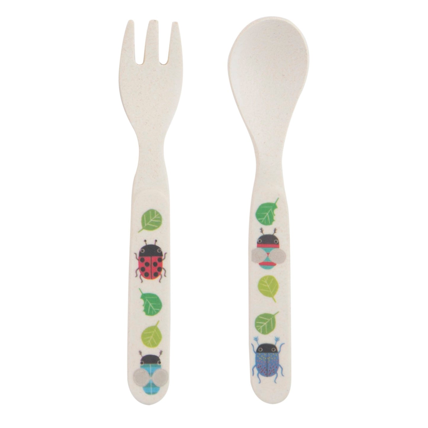 Explore nature with this gorgeous bamboo cutlery set (fork and spoon) featuring a fun 'busy bugs' design.