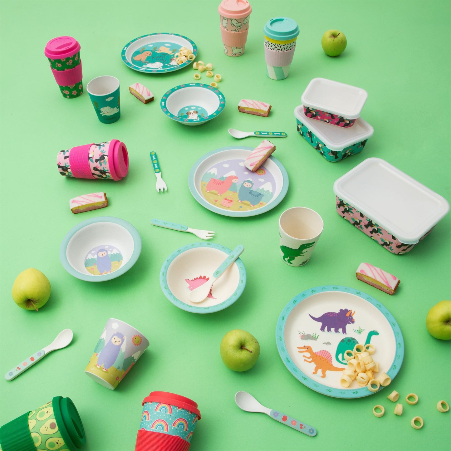 Totally 'roarsome' tableware and cutlery set featuring fun dinosaurs in a multicoloured design.