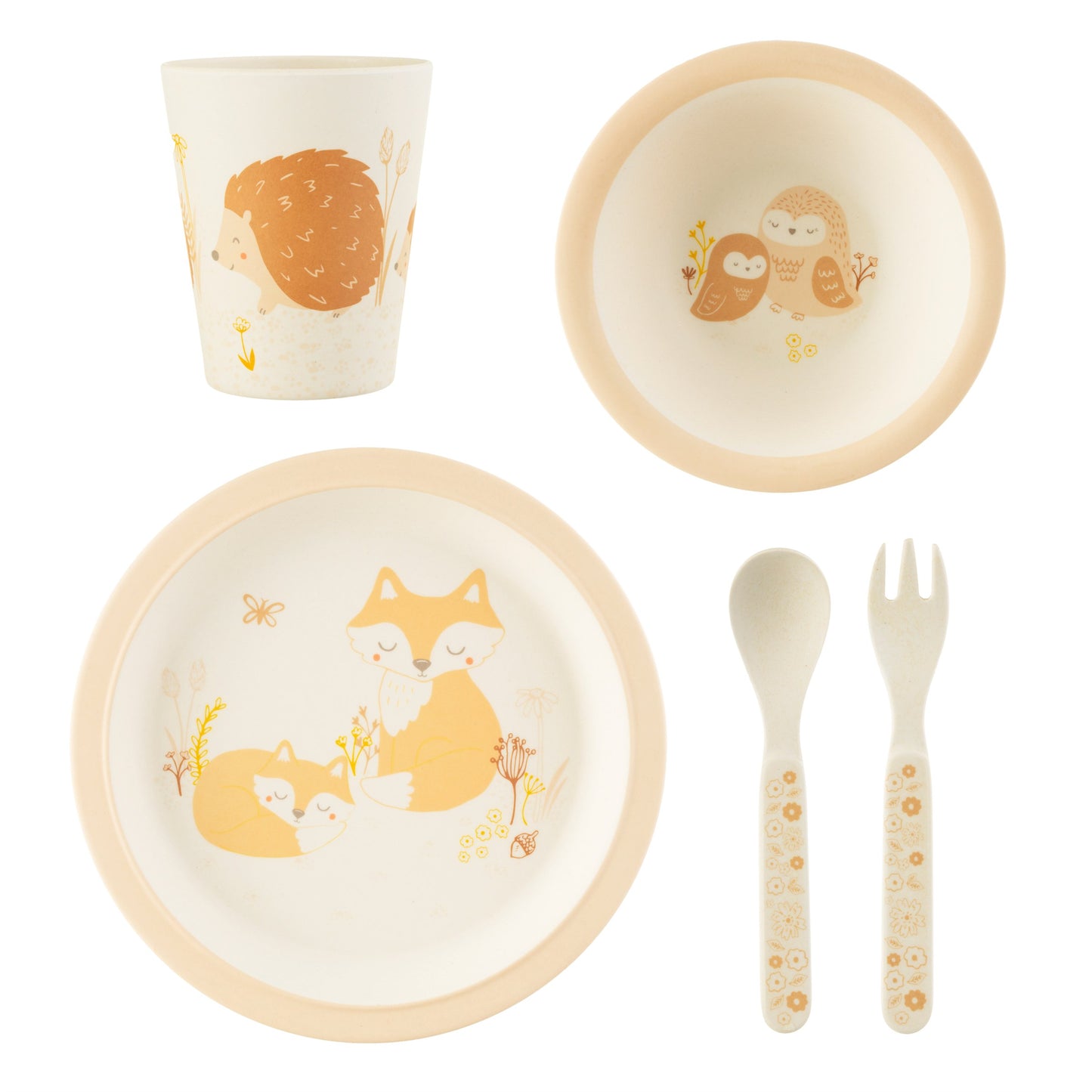 Adorable tableware and cutlery set in a muted natural colour scheme, featuring very cute woodland baby animals!