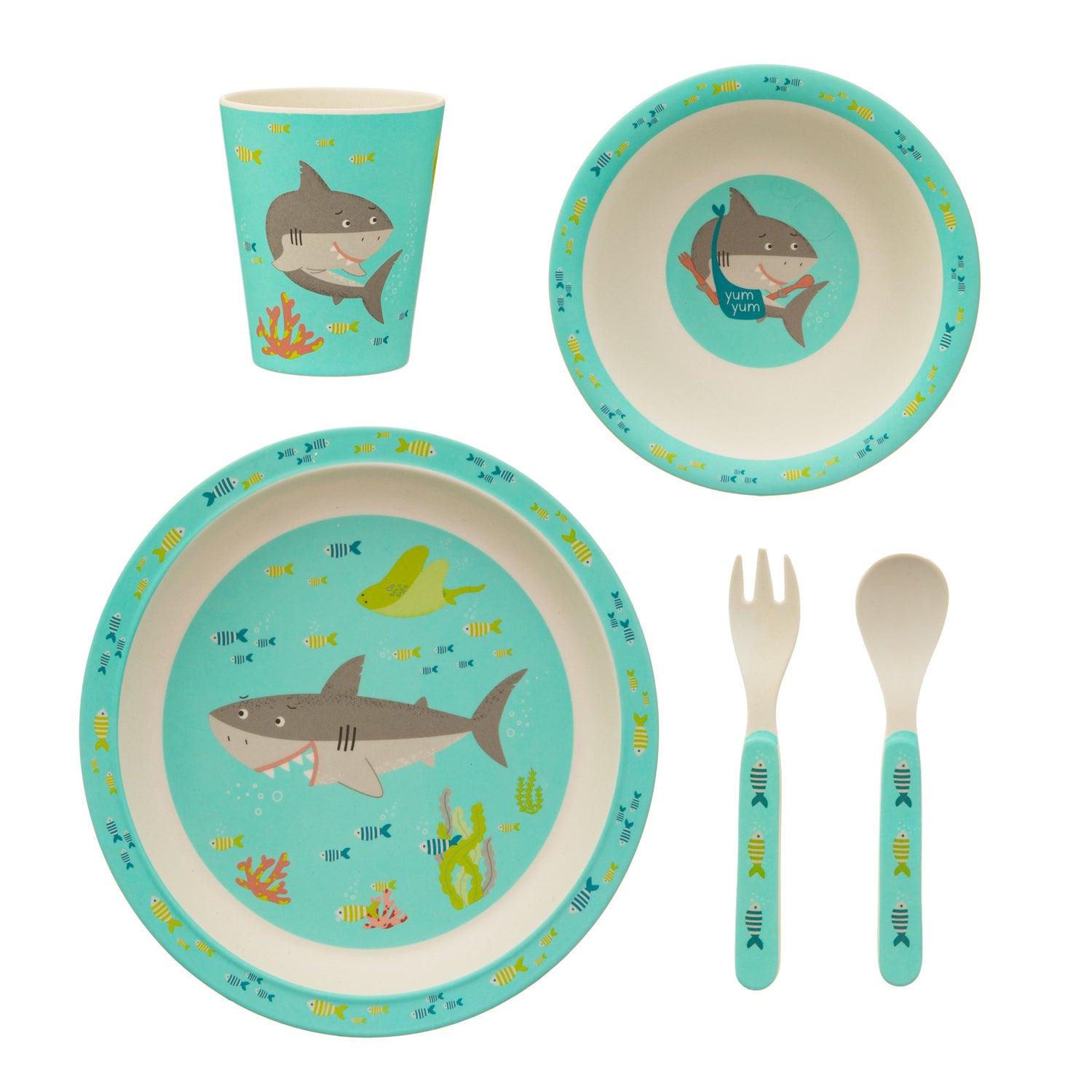 Fancy a swim? Gorgeous bamboo tableware and cutlery set in a green/blue and white design featuring Shelby the Shark and some underwater friends!