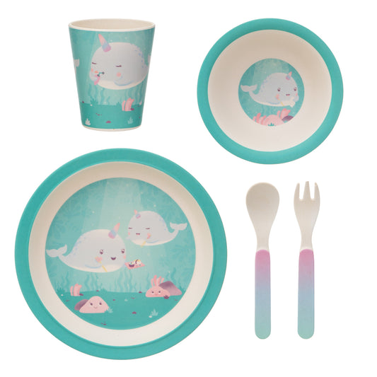 Gorgeous tableware and cutlery set in an icy aqua and white colour scheme featuring Alma the Narwhal and some underwater friends!