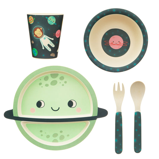 Explore space with this bamboo tableware and cutlery set in a midnight blue with neon bursts colour way, in a fun space explorer themed design.