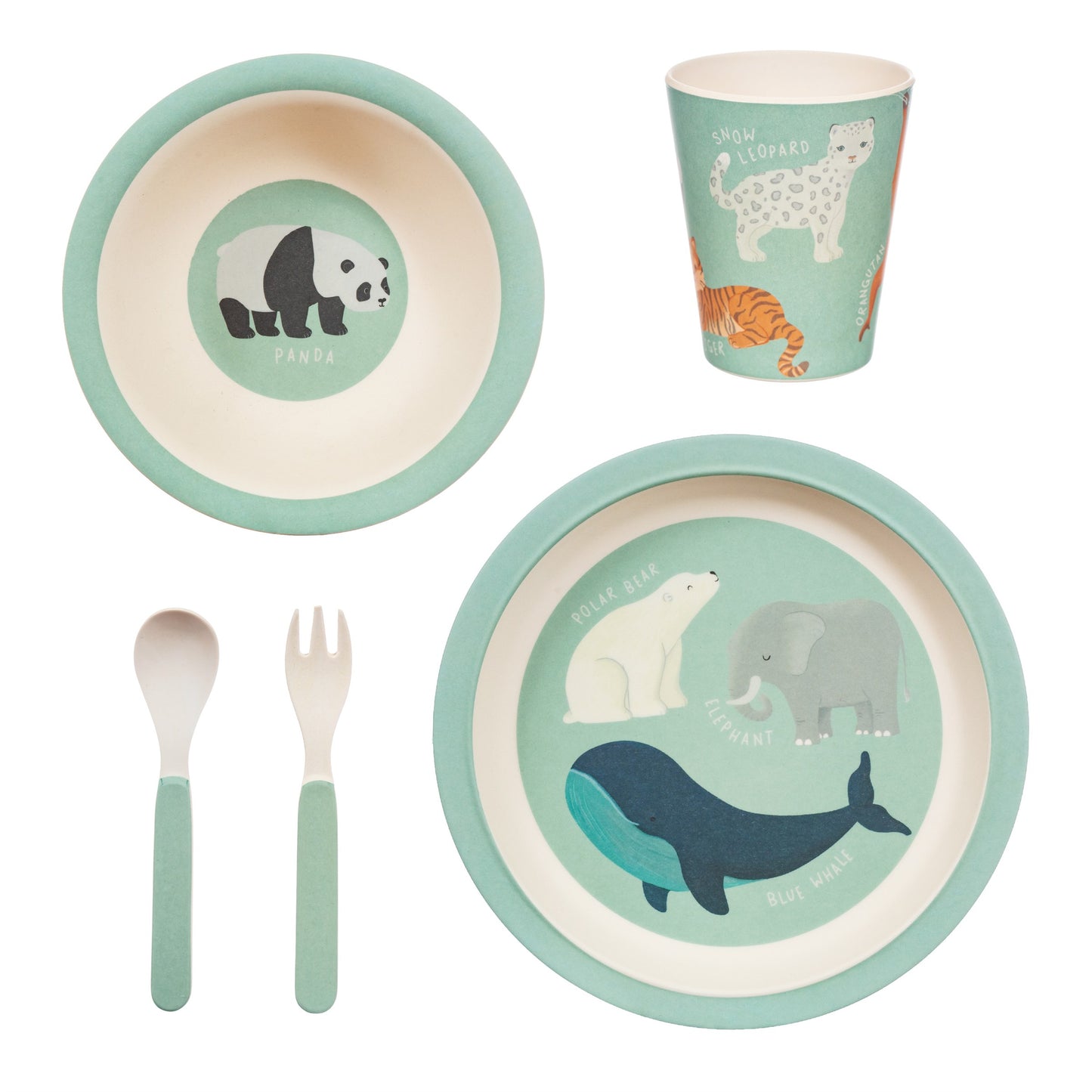 Love our animals with this bamboo tableware and cutlery set featuring a green/blue and white design with various endangered animals.