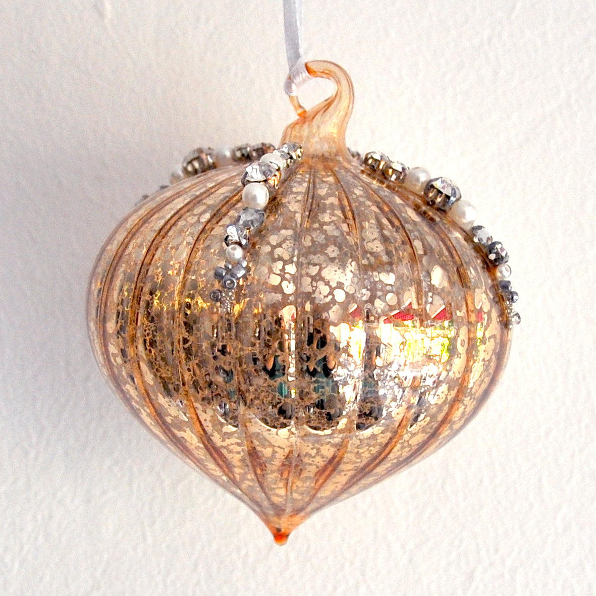 Antique gold glass hanging Christmas decoration with beads, pearls and diamonte detailing.