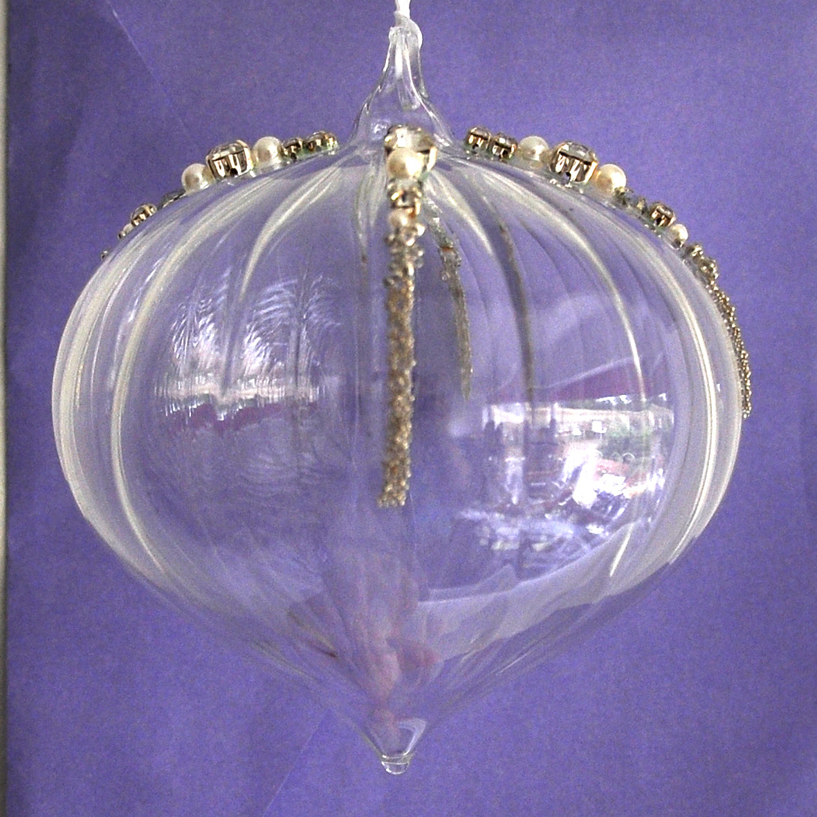 Clear glass hanging Christmas decoration with beads, pearls and diamonte detailing.
