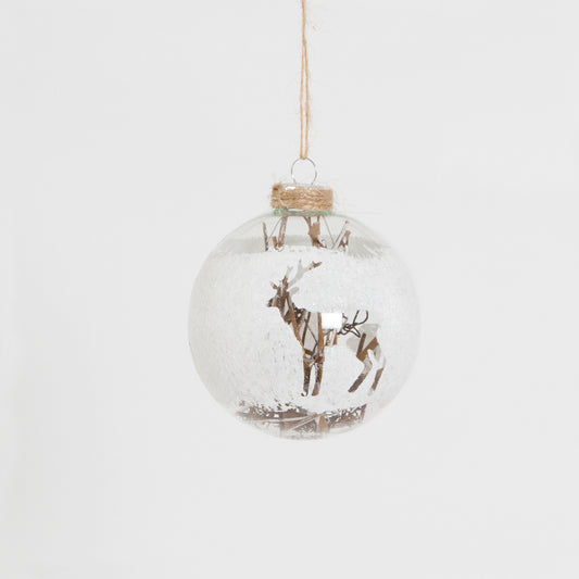 Lovely cut out deer in a glass bauble filled with pieces of wood and hung with rustic string.