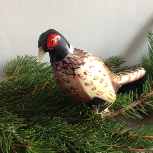 Glass decorative pheasant to clip on the Christmas Tree makes a wonderful country shooting hunting gift.