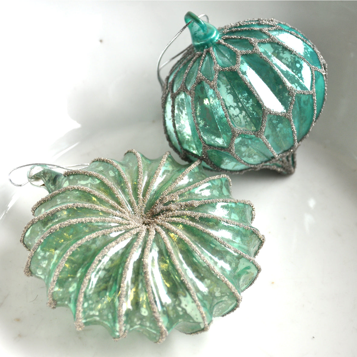 Antique-style Turquoise Christmas Tree Decoration with silver glitter detail