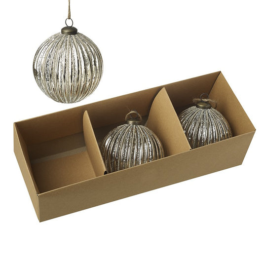 Silver Ridged Glass Bauble Christmas Tree Decorations (Set of 3)