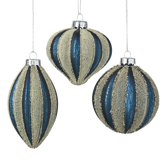 Blue & Silver/Gold Stripes Glitter Glass Christmas Tree Baubles (Set of 3)