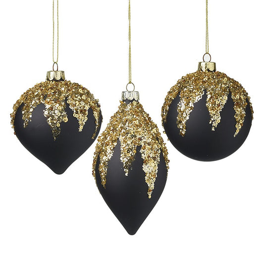 Black & Gold Glitter Topped Glass Christmas Tree Baubles (Set of 3)