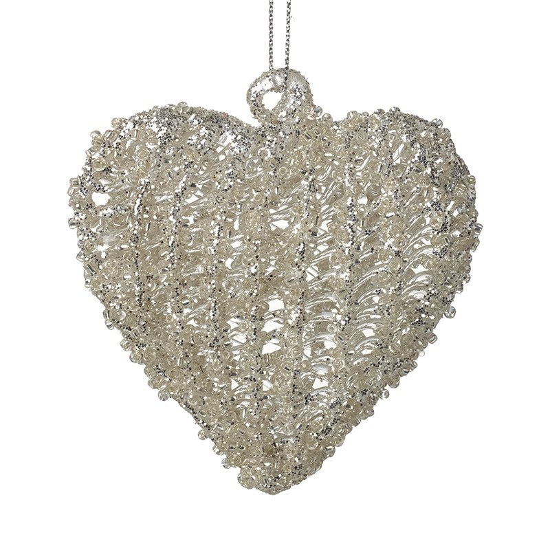 Silver Glass Heart Textured Christmas Tree Decoration