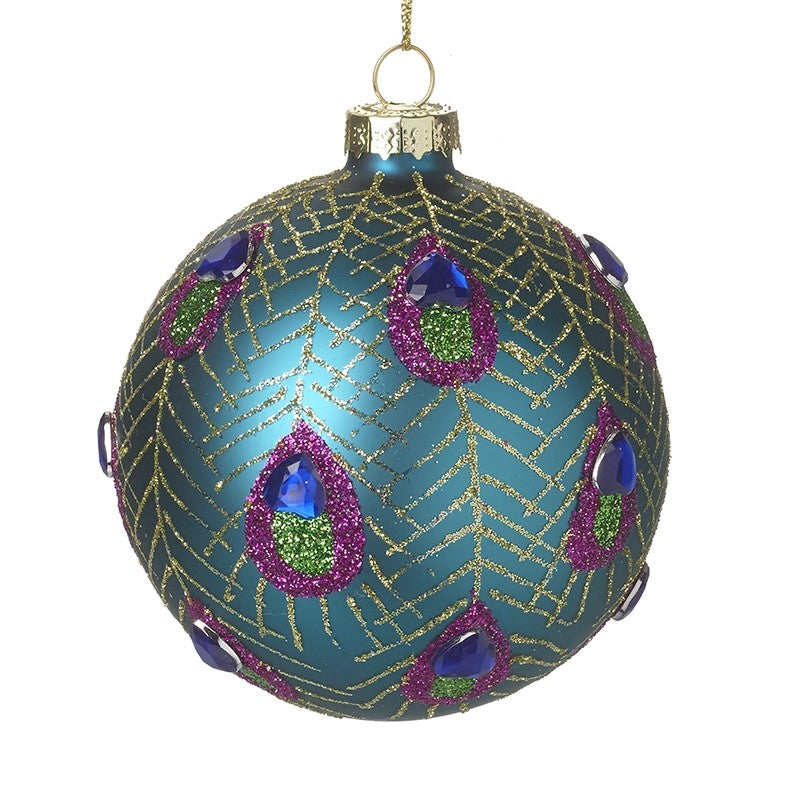 Turquoise & Purple Peacock Feather Glass Christmas Tree Bauble