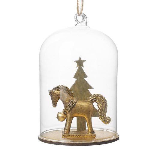 Gold Regal Pony in Glass Dome Christmas Tree Decoration
