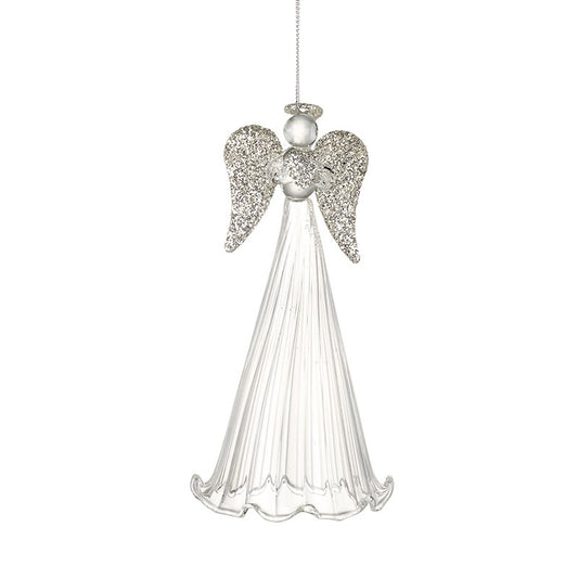 Tall Clear Glass Angel with Silver Glitter Wings & Halo Christmas Tree Topper