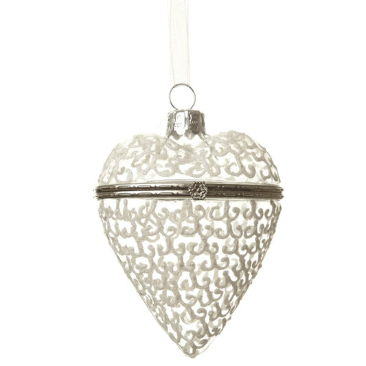 White & Silver Antique Style Heart Trinket Glass Christmas Tree Decoration