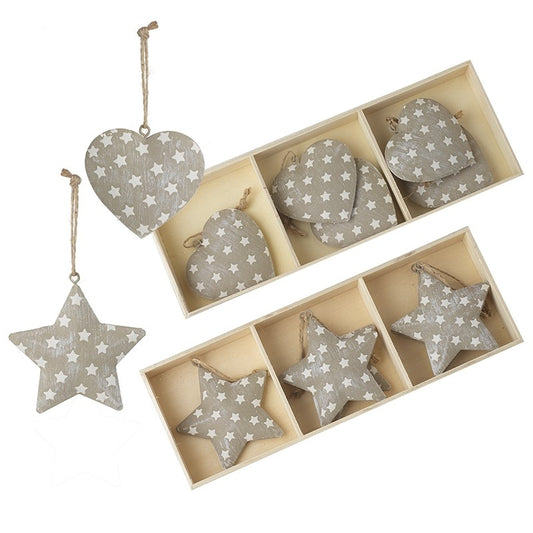 Grey & White Polka Dot Metal Heart Star Christmas Tree Decorations (Set)