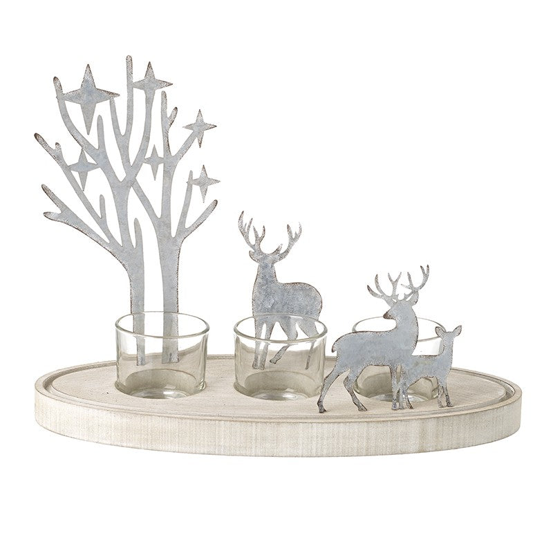 Large Wooden & Metal Stag Forest Scene Tea-light Candle Holder Christmas Table Decor