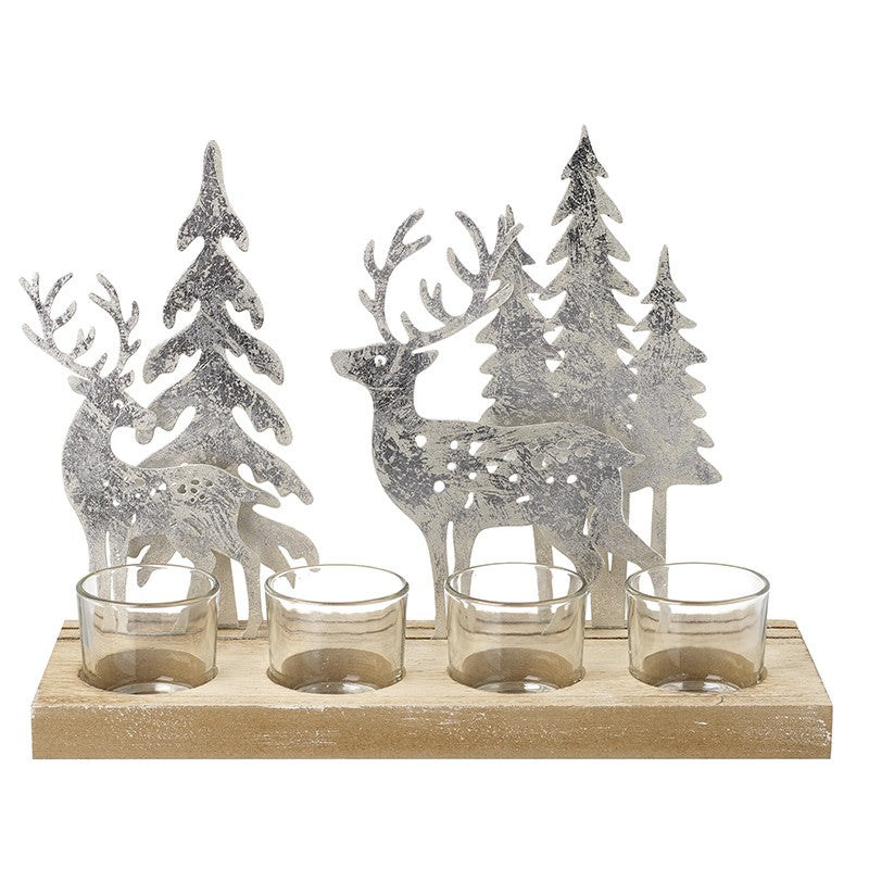 Silver Reindeer & Forest Metal and Wooden Tea-light Candle Holder Christmas Table Decor