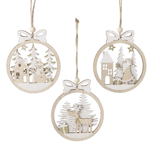 Rustic Wooden White Hanging Christmas Decorations (Set of 3)