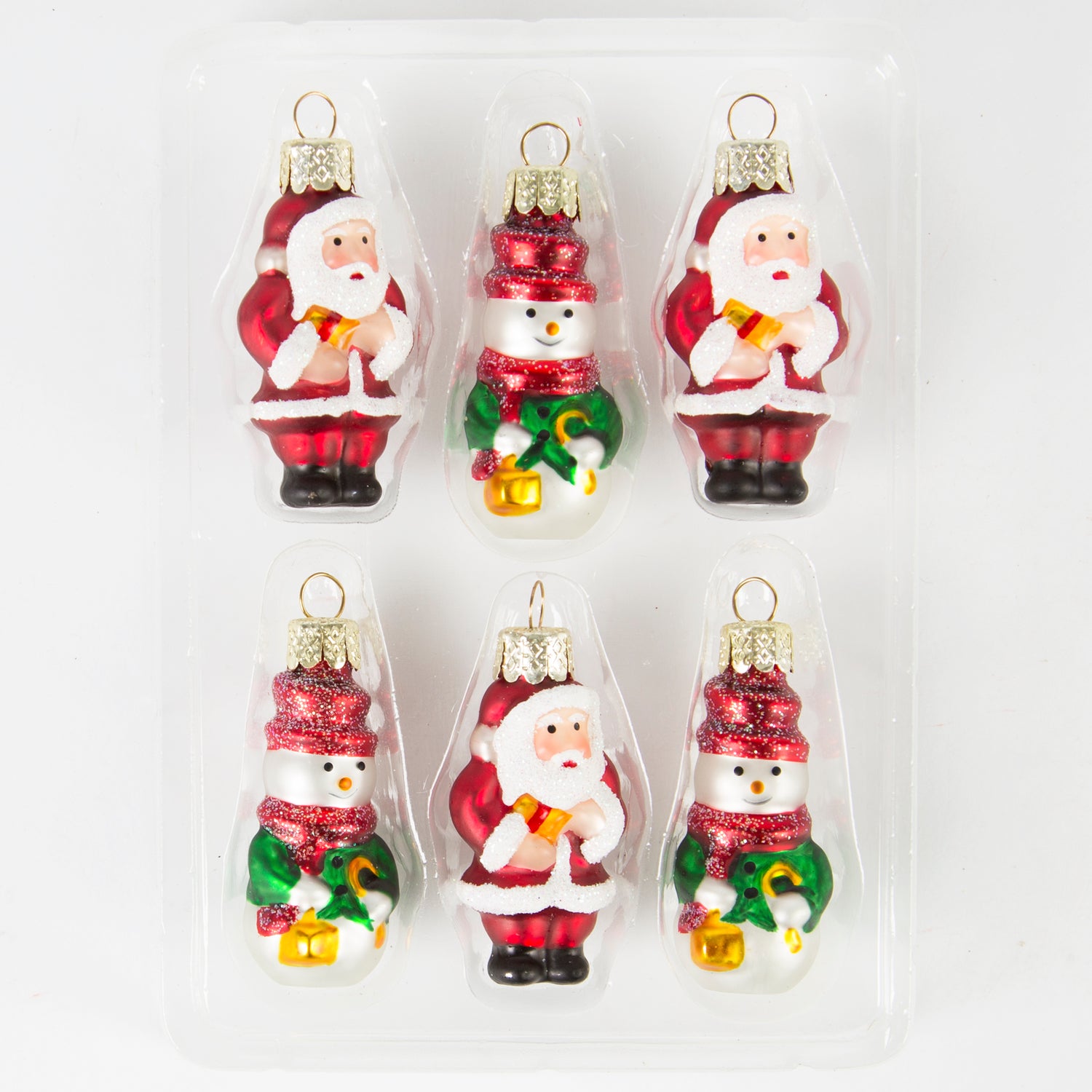 Mini Father Christmas & snowman Christmas tree decorations with glittery detail