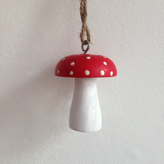 Red and white polkadot toadstool mushroom hanging christmas tree decoration.