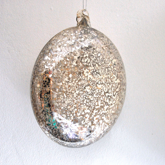 Antiqued Silver Glass Flat Sphere Christmas Decoration for hanging on the Christmas tree