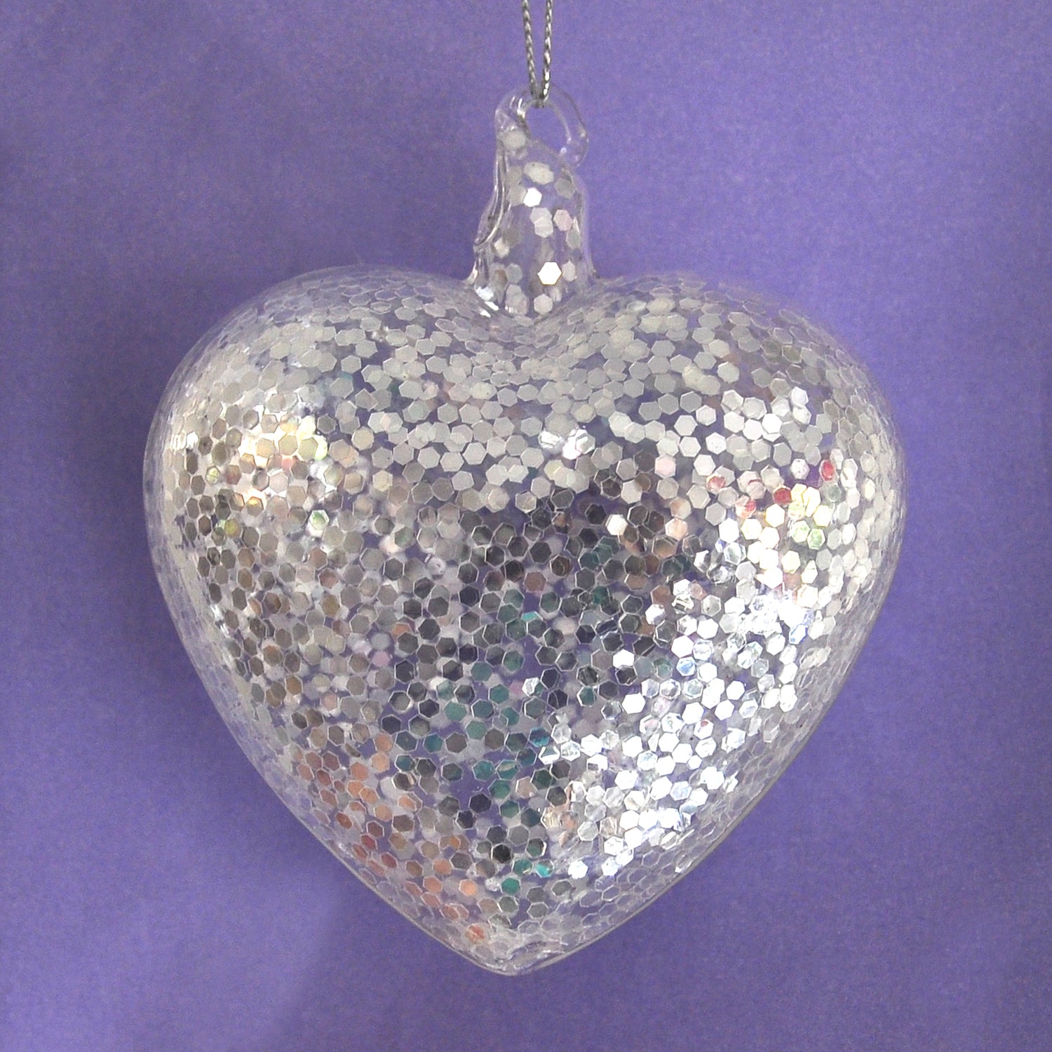Silver Glitter Heart Glass Christmas Decoration for hanging on the Christmas tree