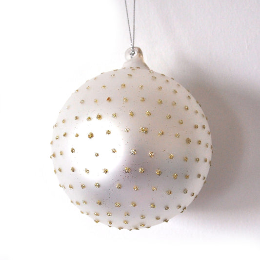Silver White Bauble with Gold Polkadot Christmas Decoration for hanging on a Christmas Tree