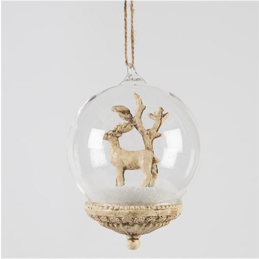 Christmas tree decoration cream stag in a glass dome bauble with glitter inside hanging ornament